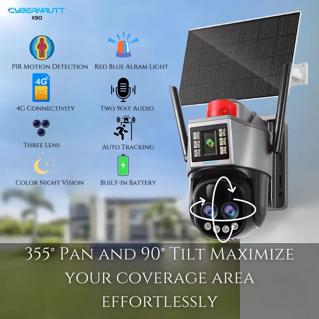 Cybernautt X9O 8MP Dual Lens FHD PT Solar 4G Sim Camera with 10X Zoom, Colour Night Vision, Human/Motion Detect, 2 Way Audio & Support SD Upto 256GB