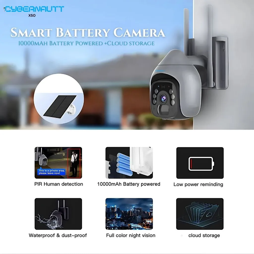 Cybernautt X5O 5MP Full HD Battery Powered 4G Solar Sim Camera with Human & Motion Detect, 2 Way Audio, Notification, Alarm & Support 256GB SD