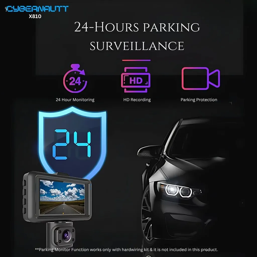 Cybernautt X810 Dash Cam - 3 Channel Front cabin & Back , 170 deg Wide Angle, Wi-Fi, 1080P HD, Night Vision, Loop Recording, G-Sensor, Optional Parking Monitor, Built-in Mic & Speaker, 2-Inch Display