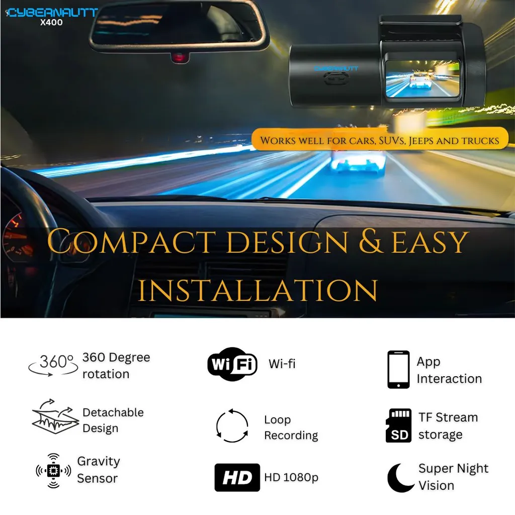Cybernautt X400 1080P FHD Dash Cam- Night Vision, WDR, Full Color, G-Sensor, Wi-Fi APP Control & Up to 256GB Support