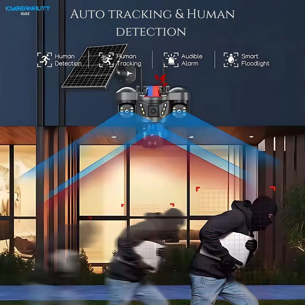 Cybernautt X10Z 12MP 128GB 3-Lens Solar 4G SIM Security Outdoor Camera with Night Vision & AI Human Tracking