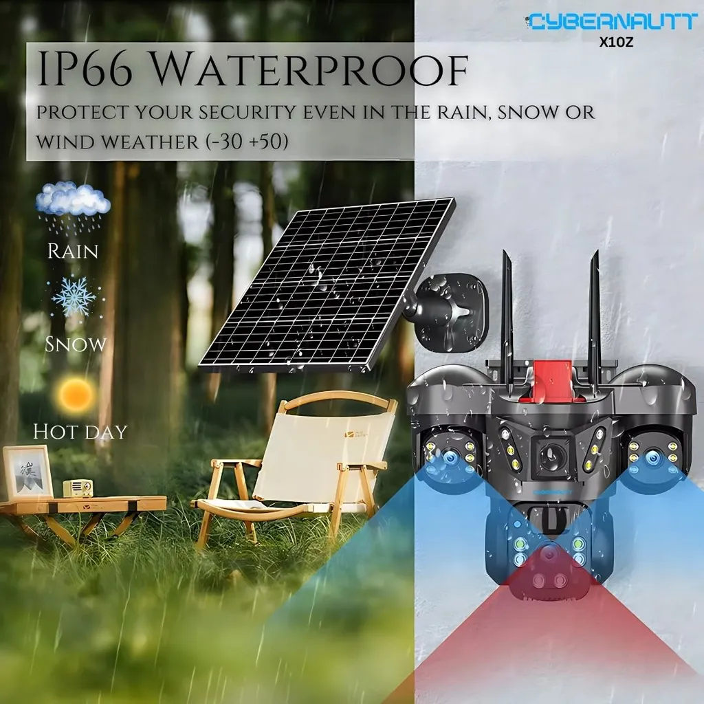 Cybernautt X10Z 12MP 128GB 3-Lens Solar 4G SIM Security Outdoor Camera with Night Vision & AI Human Tracking