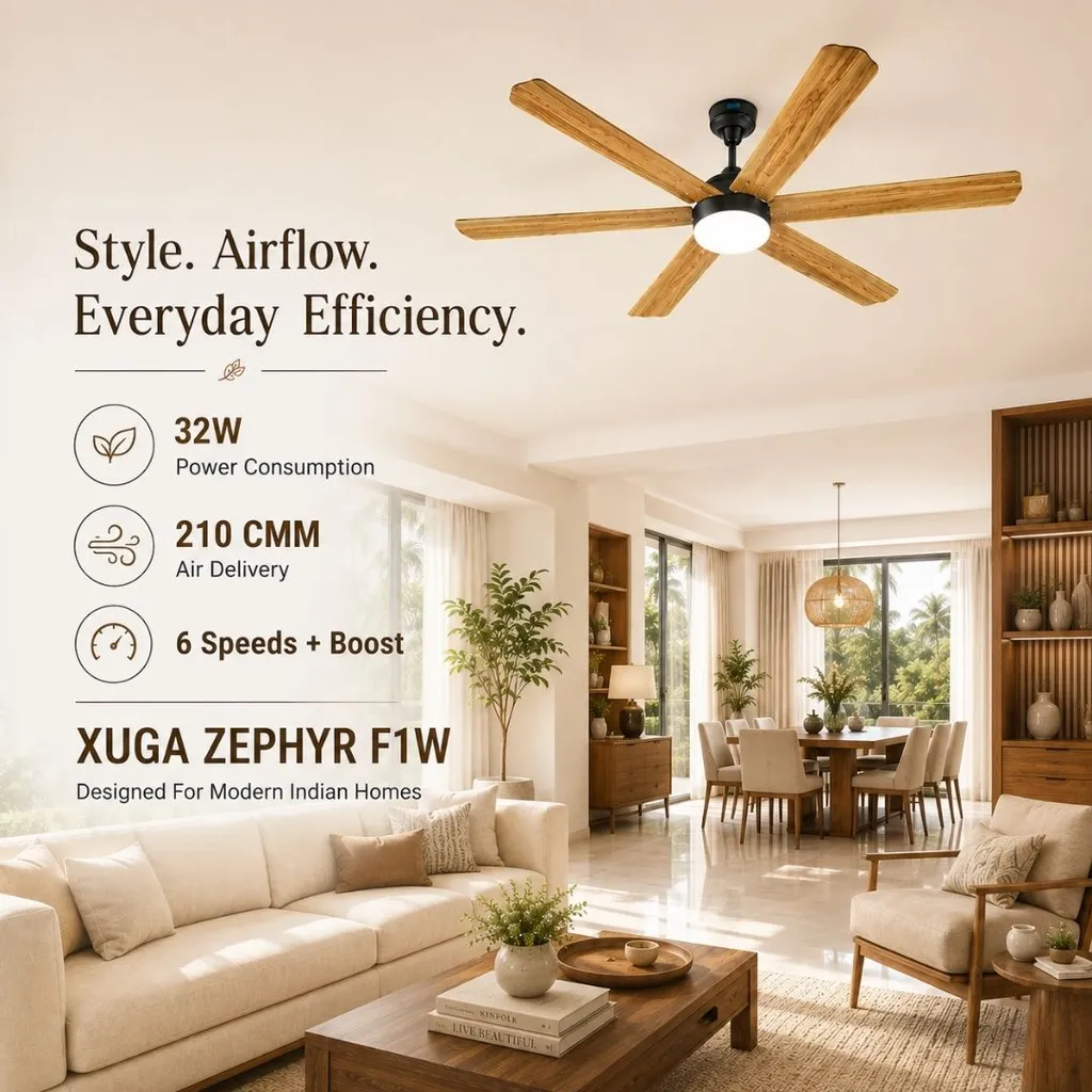 XUGA Zephyr F1W 32W 5 Star 320rpm 6 Blade Wooden BLDC Ceiling Fan with Remote, Sweep: 1200 mm , Copper Motor , 5 Years Warranty