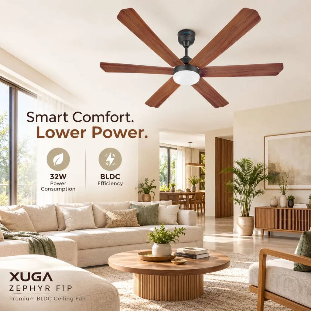 XUGA Zephyr F1P 32W 5 Star 320rpm Copper Motor Oakwood BLDC 6 Blade Ceiling Fan with Remote & Copper Motor, Sweep: 1200 mm | 5 years Warranty