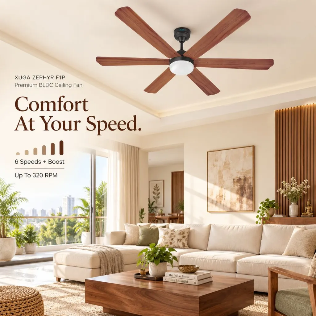 XUGA Zephyr F1P 32W 5 Star 320rpm Copper Motor Oakwood BLDC 6 Blade Ceiling Fan with Remote & Copper Motor, Sweep: 1200 mm | 5 years Warranty