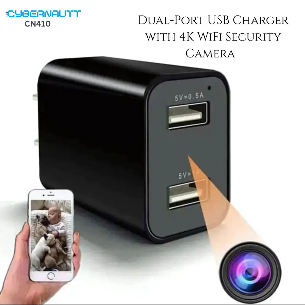 Cybernautt CN410 4K Hidden CCTV Camera- Wireless Wi-Fi Indoor Spy Cam with Night Vision, Motion Detection, Audio Recording, SD/Cloud Storage, Wall Mount (Charging Adapter Style)