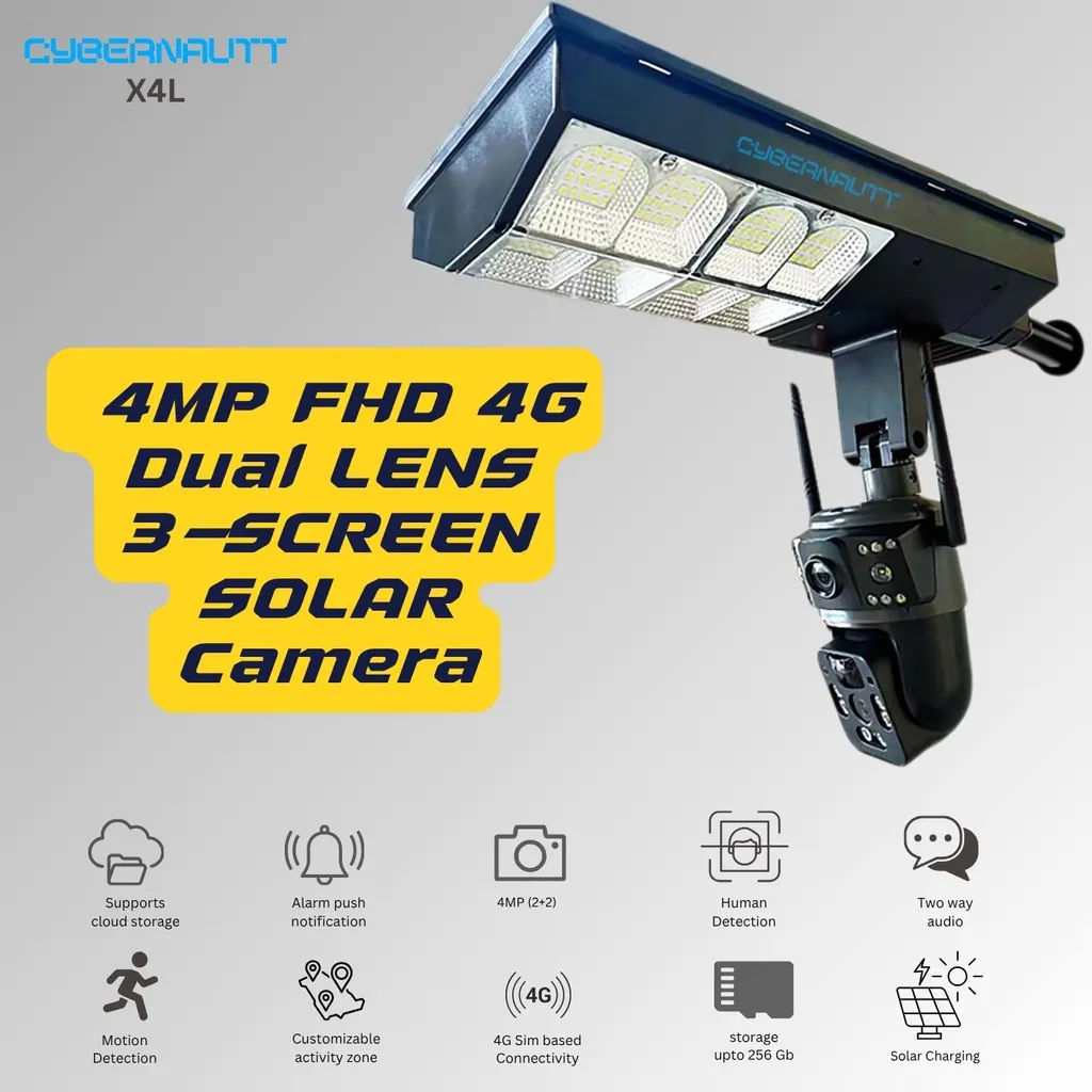 Cybernautt X4L 4MP 4G Solar Street Light Camera- AI Human Detection, 355 deg View, 20m IR Night Vision, IP66, Full Colour Night Vision, PIR, 355 deg Pan-Tilt, Supports up to 128GB