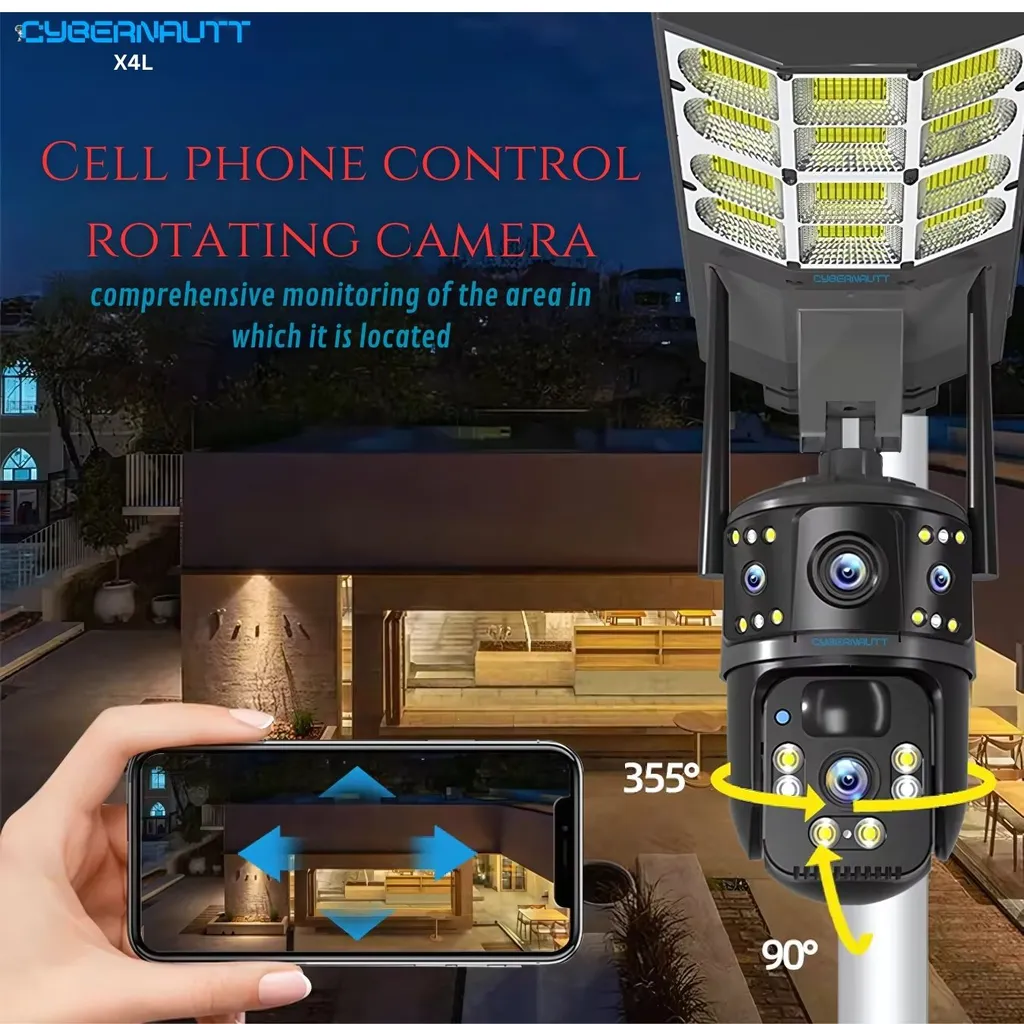 Cybernautt X4L 4MP 4G Solar Street Light Camera- AI Human Detection, 355 deg View, 20m IR Night Vision, IP66, Full Colour Night Vision, PIR, 355 deg Pan-Tilt, Supports up to 128GB