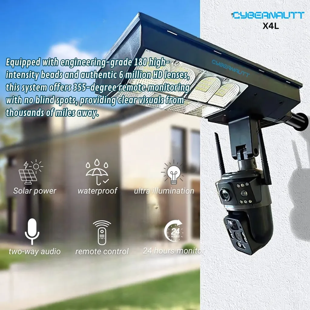 Cybernautt X4L 4MP 4G Solar Street Light Camera- AI Human Detection, 355 deg View, 20m IR Night Vision, IP66, Full Colour Night Vision, PIR, 355 deg Pan-Tilt, Supports up to 128GB