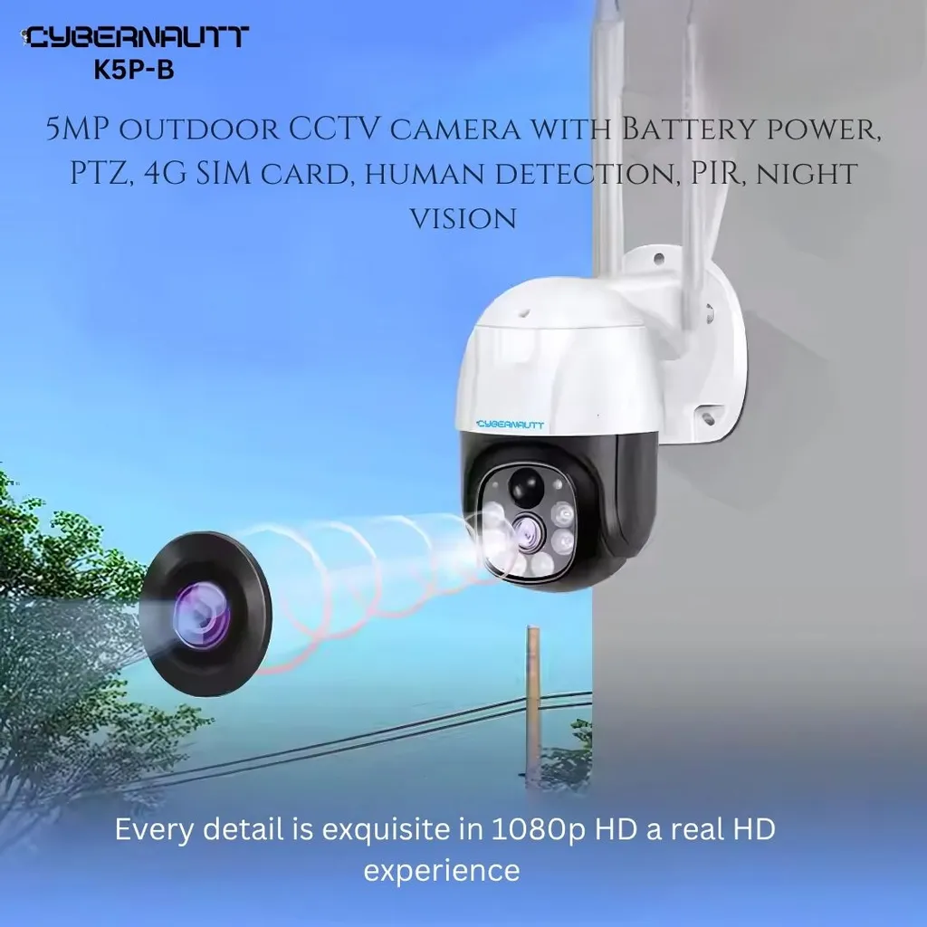 Cybernautt K5P-B 5MP Battery Powered Outdoor 4G CCTV Camera- PIR, Full Colour Night Vision, 355 deg Pan-Tilt, up to 128GB Support, Smart AI Features, Alarm