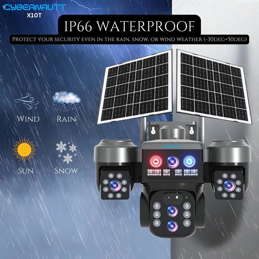 Cybernautt X10T 12MP 3 Lens PTZ Solar 4G Sim Outdoor CCTV Camera with 3 View | 360° | Night Vision | Motion Detection| Siren Alarm | 2 Way Audio | RGB Light | Dual Solar Panel | Use Air-tel 4G Sim