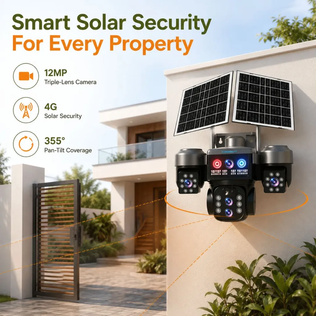 Cybernautt X10T 12MP 3 Lens PTZ Solar 4G Sim Outdoor CCTV Camera with 3 View | 360° | Night Vision | Motion Detection| Siren Alarm | 2 Way Audio | RGB Light | Dual Solar Panel | Use Air-tel 4G Sim