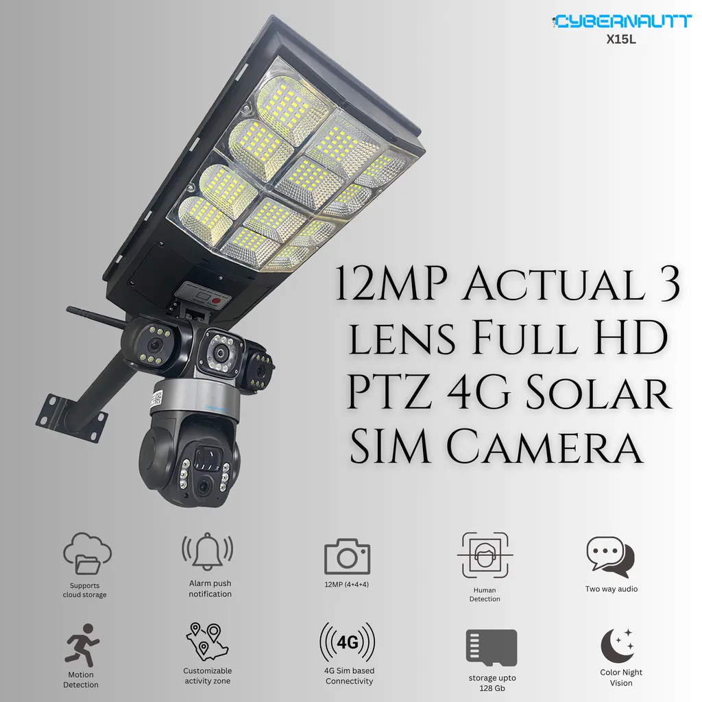 Cybernautt X15L 12MP 3 Lens PTZ Solar 4G Sim Outdoor CCTV Streetlight Camera with 3 View | 360° | Night Vision | Motion Detection| Siren Alarm | 2 Way Audio