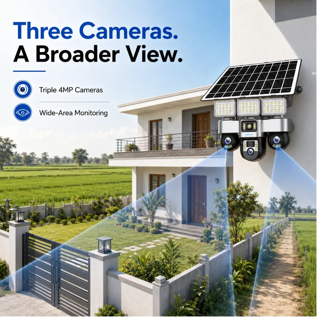 Cybernautt X18L 12MP 3 Lens PTZ Solar 4G Sim Wireless Outdoor CCTV Camera with Three Side View | 360° | Night Vision | All 3 Lens App Control | Motion Detection, Motion Tracking