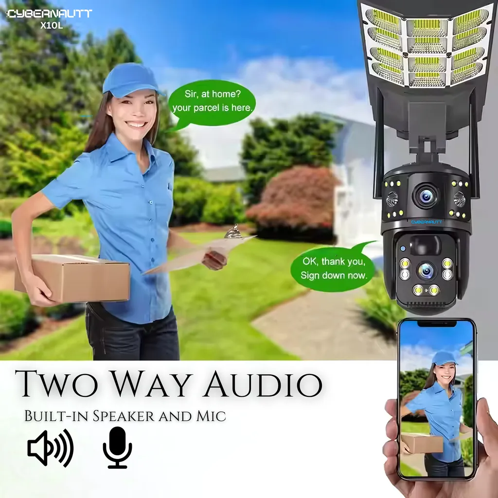 Cybernautt X10L Dual Lens PTZ Solar 4G Sim Outdoor CCTV Camera | 360° | Night Vision | Motion Detection | Siren Alarm | 2 Way Audio | Street light Camera