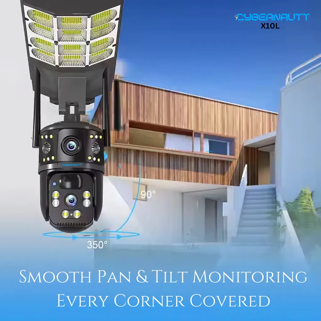 Cybernautt X10L Dual Lens PTZ Solar 4G Sim Outdoor CCTV Camera | 360° | Night Vision | Motion Detection | Siren Alarm | 2 Way Audio | Street light Camera