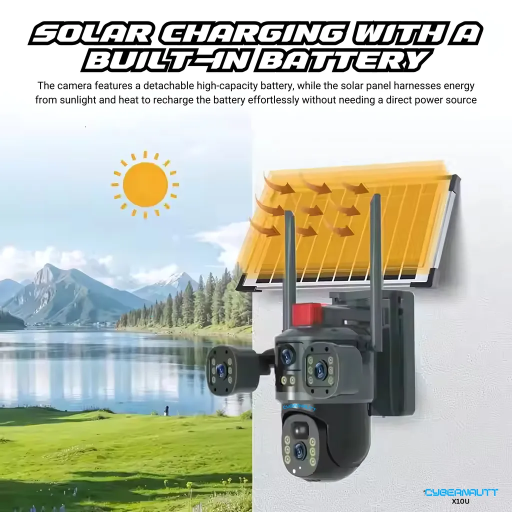 Cybernautt X10U 4MP+4MP+4MP Triple Lens Full HD Battery Powered 4G Solar Sim Camera with Human Detection Motion Detection 2 Way Audio Alarm & Support 128GB SD