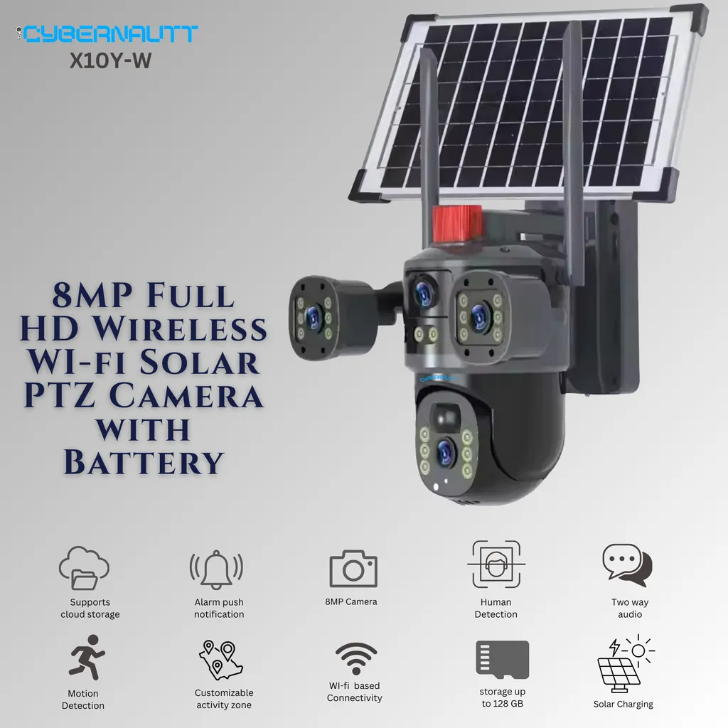 Cybernautt X10Y-W 8MP Dual Lens Full HD Battery Powered Wifi Solar Camera with Human Detect, Motion Detect, 2 Way Audio, Alarm & Support 128GB SD
