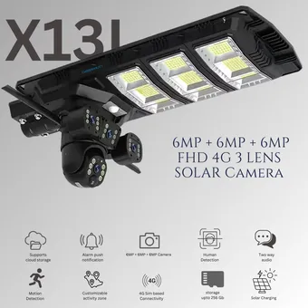 Cybernautt X13L 18MP 3 Lens PTZ Solar 4G Sim Outdoor CCTV Streetlight Camera with 3 View | Siren Alarm | Night Vision | All 3 Lens Mobile Controlled | Use Air-tel 4G Sim