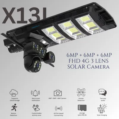 Cybernautt X13L 18MP 3 Lens PTZ Solar 4G Sim Outdoor CCTV Streetlight Camera with 3 View | Siren Alarm | Night Vision | All 3 Lens Mobile Controlled | Use Air-tel 4G Sim