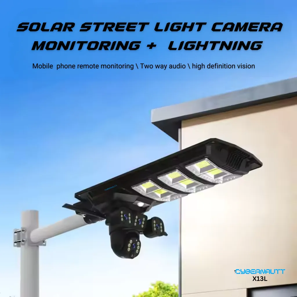 Cybernautt X13L 18MP 3 Lens PTZ Solar 4G Sim Outdoor CCTV Streetlight Camera with 3 View | Siren Alarm | Night Vision | All 3 Lens Mobile Controlled | Use Air-tel 4G Sim