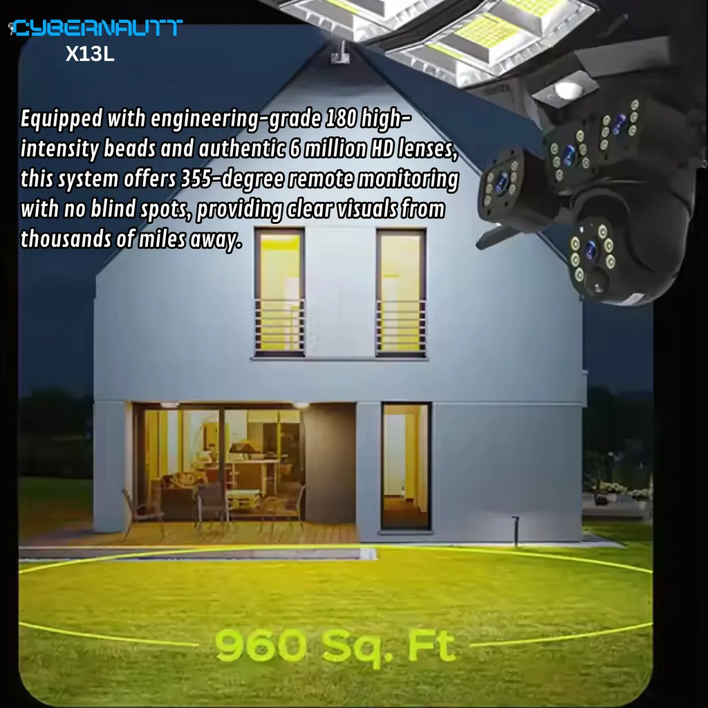Cybernautt X13L 18MP 3 Lens PTZ Solar 4G Sim Outdoor CCTV Streetlight Camera with 3 View | Siren Alarm | Night Vision | All 3 Lens Mobile Controlled | Use Air-tel 4G Sim