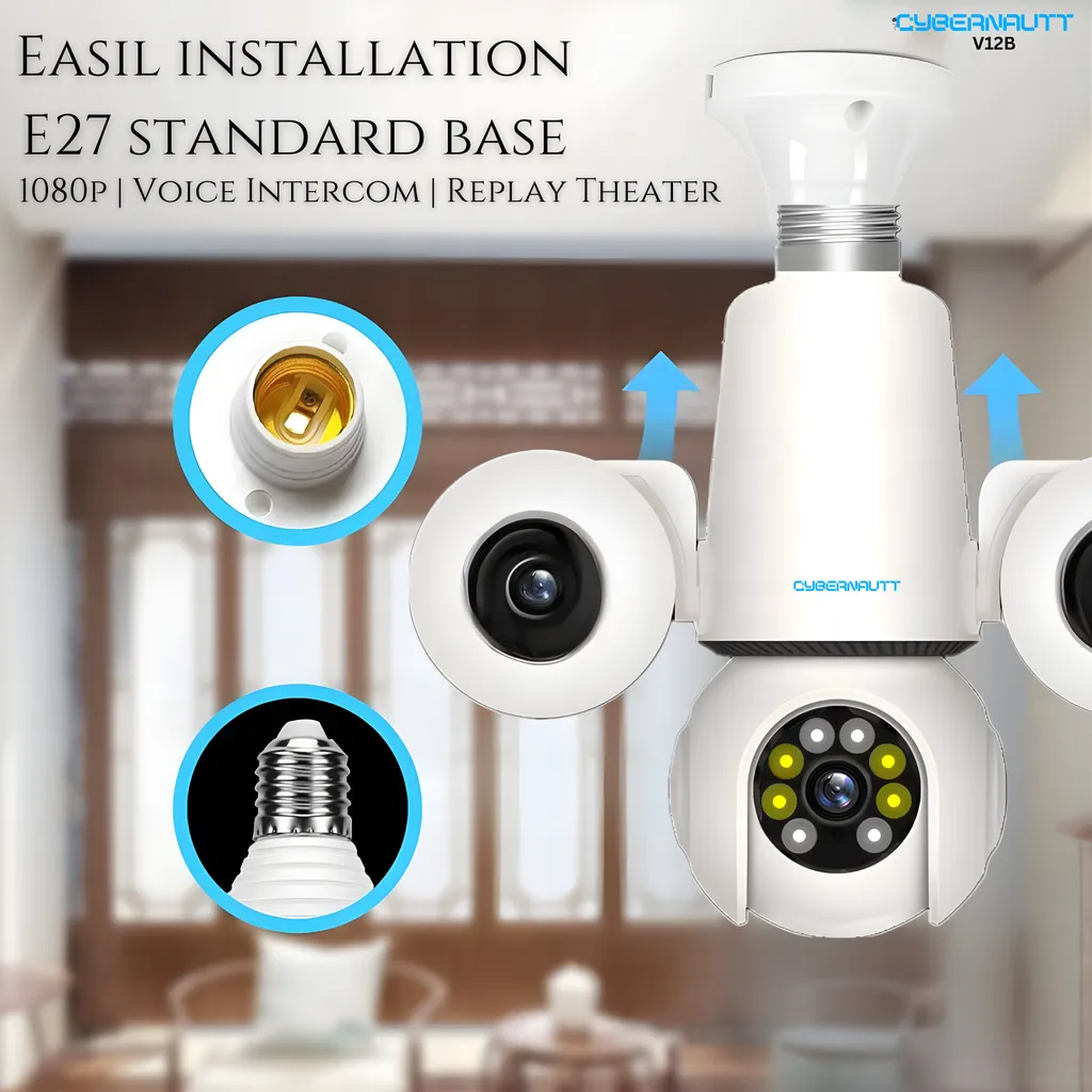 Cybernautt V12B 4MP+4MP+4MP UHD Triple Lens Light Bulb Smart Wi-Fi Camera with Motion/Human Detect, Night Vision, Push Alarm, Two Way Audio & Support SD Upto 128GB