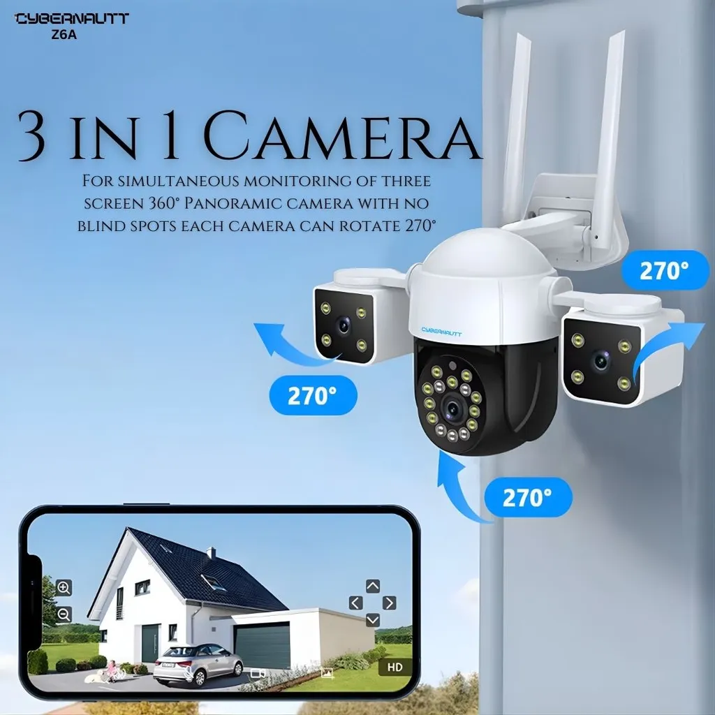 Cybernautt Z6A Security Camera, 5MP Triple Lens PTZ Outdoor Camera, 355° Pan 90° Tilt, Color Night Vision, Dual-Band WiFi, Two-Way Audio, Motion Tracking, Human Detection, IP65 Waterproof, Cloud/TF Storage