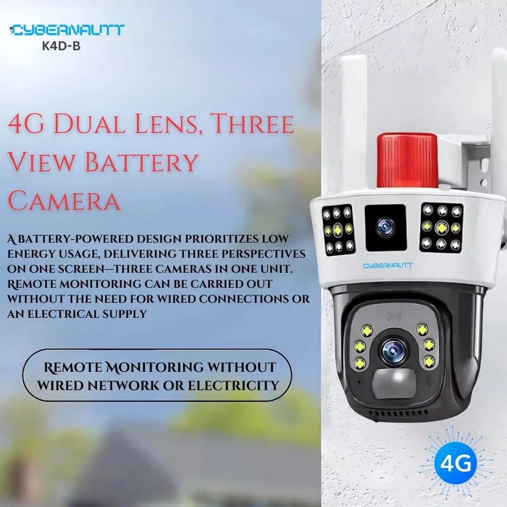 Cybernautt K4D-B 4MP 1920x2161p Battery Powered Outdoor 4G Sim Camera with Dual Lens, Human Tracking, Night Vision & Siren