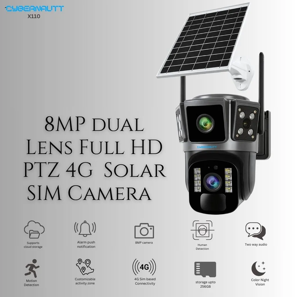 Cybernautt X110 4MP+4MP 5V 2A CMOS Outdoor Security Solar Sim Camera with Dual Lens & Human Motion Tracking