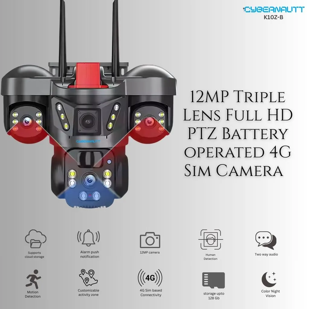 Cybernautt K10Z-B 4G LTE Outdoor Security Camera- 12MP Triple Lens, 355 deg Pan/Tilt, PIR Human Detection, Battery Powered, Night Vision, 2-Way Audio, Supports up to 128GB TF Card