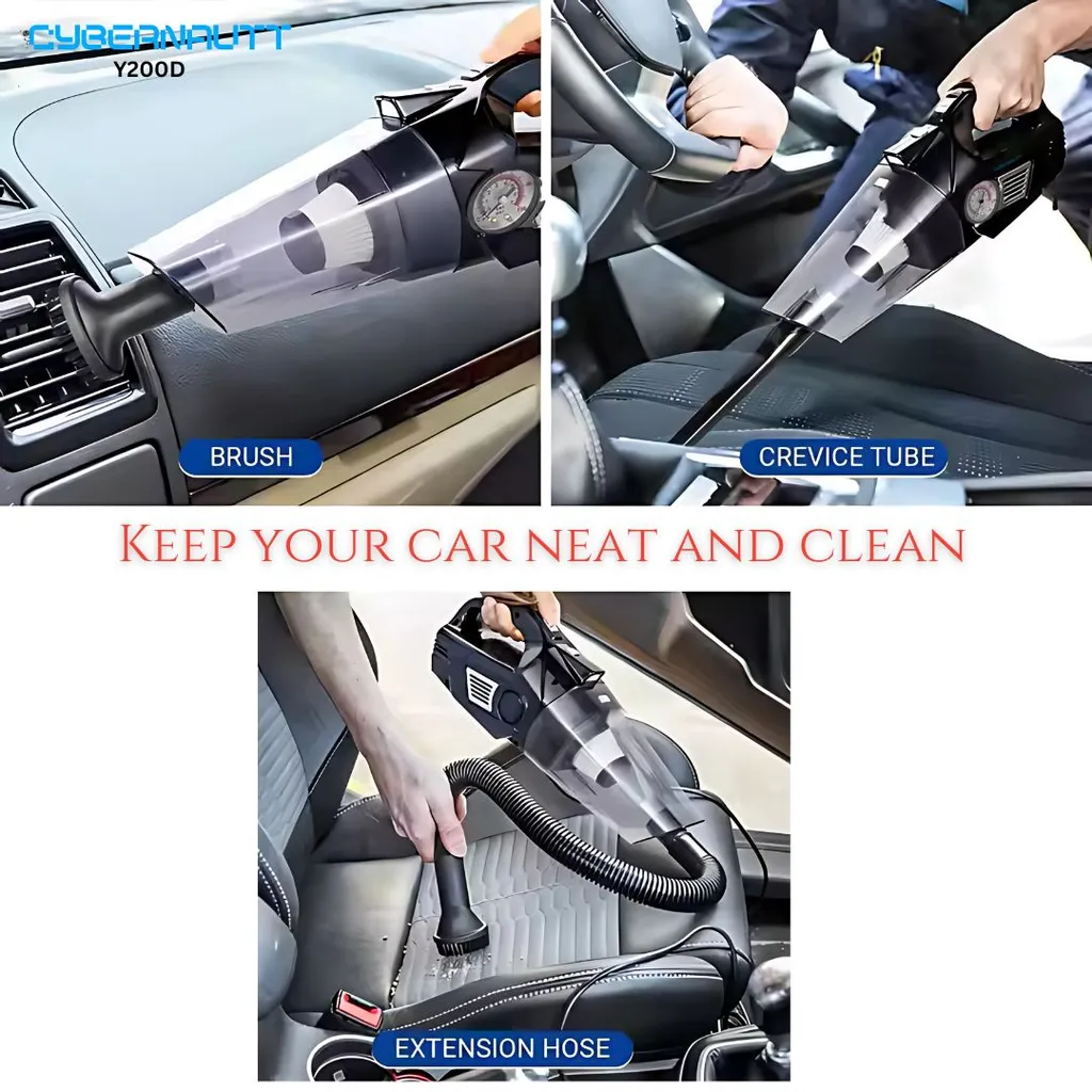 Cybernautt Y200D 130W 12VDC Portable Car Vacuum Cleaner Cum Tyre Inflator with LED Light for Car & Bike