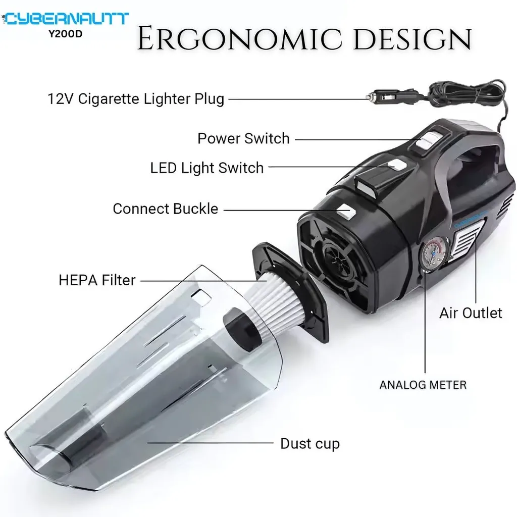 Cybernautt Y200D 130W 12VDC Portable Car Vacuum Cleaner Cum Tyre Inflator with LED Light for Car & Bike