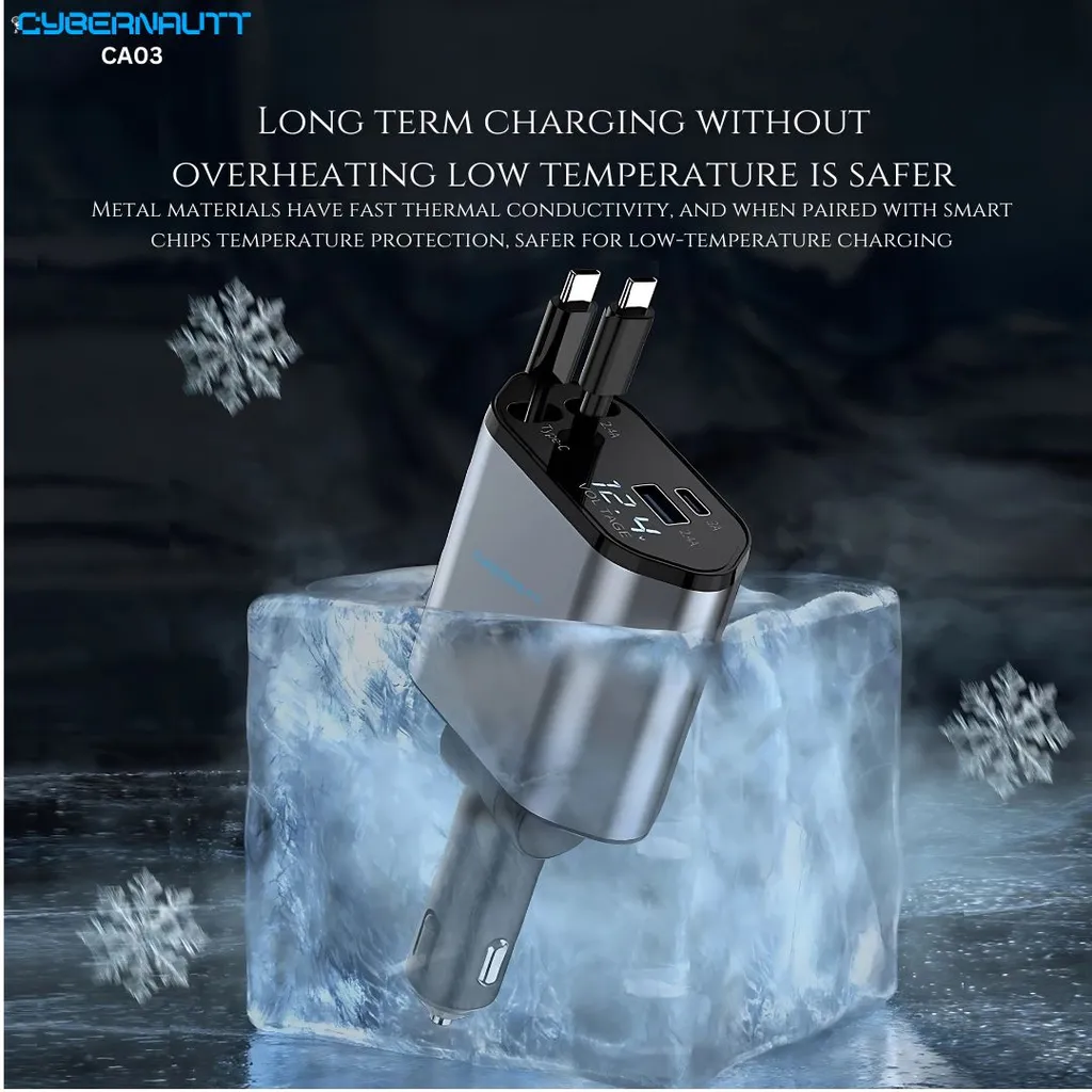 Cybernautt CA03 120W 3A Retractable Car Charger with USB & Type-C
