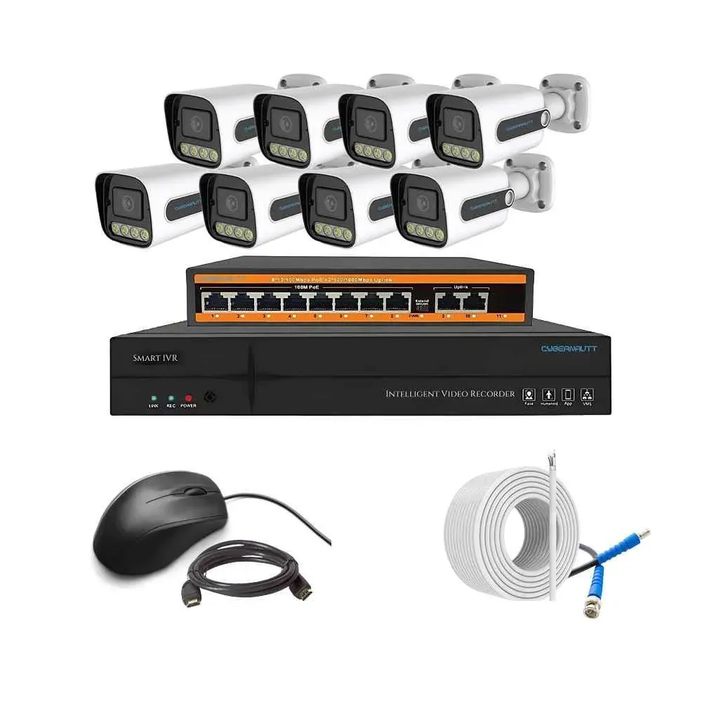 Cybernautt 3MP Full HD Indoor & Outdoor Network IP Combo Kit with 10Ch NVR, 8Bullet Full HD Camera, 8Ch POE, 100m Copper LAN Cable & Connectors