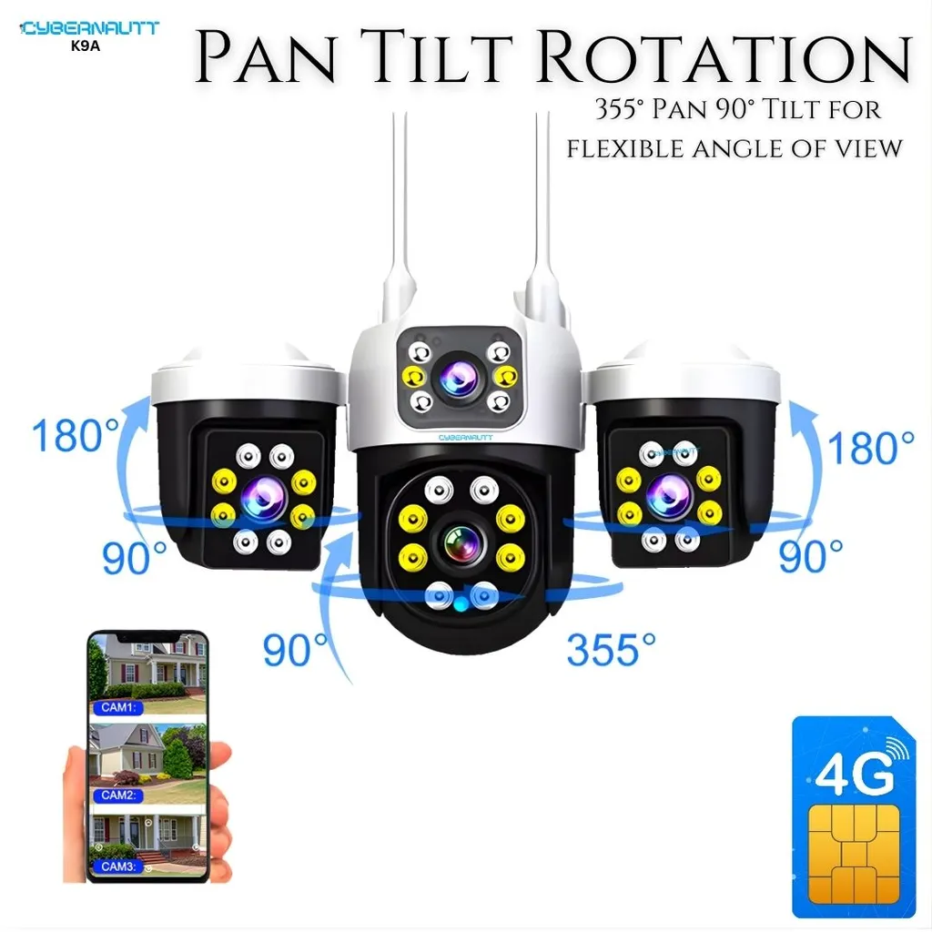 Cybernautt K9A 4G SIM 3 Camera Outdoor CCTV | 9MP, 355° Pan, Human Detection | Night Vision, 2-Way Audio, 128GB Support for Home Security