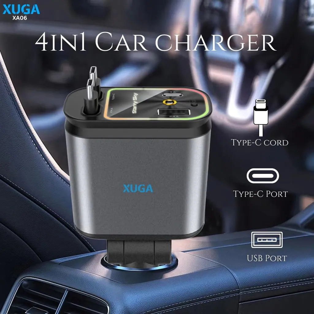 XUGA XA06 120W 4 in 1 Retractable Car Charger,Super Fast Charger, 180 Degree Rotation, Starry Sky Light,2 Retractable Cables & 1 USB Port, 1 Type C Car Adapter for Android Phones & iPhone & iPad