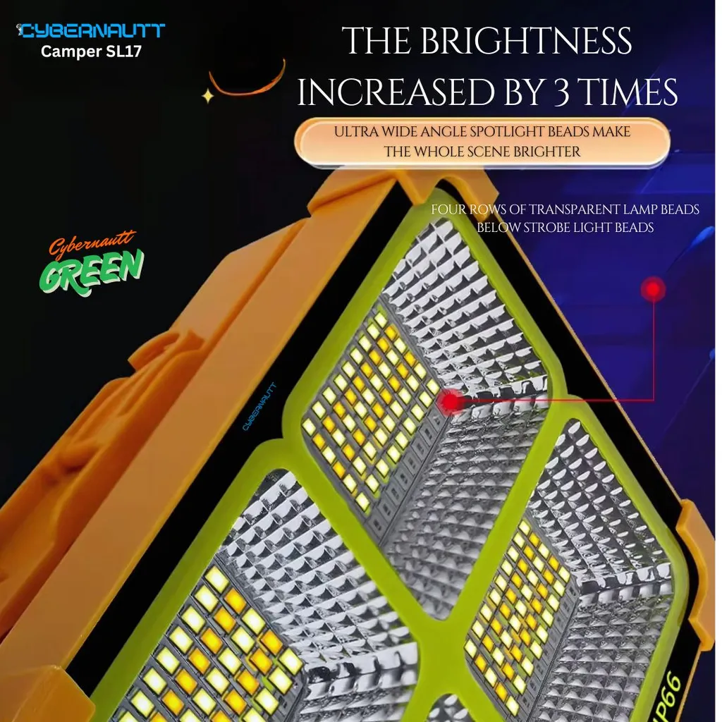 Cybernautt Camper SL17 Solar-Powered LED Light , 2700K , built-in lithium battery for 20,000 hours, and is weatherproof (-20°C to 60°C). Perfect for camping, gardens, and outdoor use.