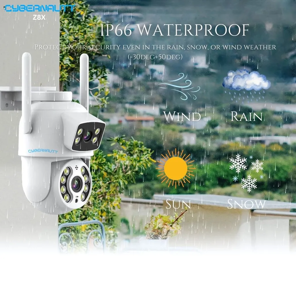 Cybernautt Z8X 8MP Dual-Lens Outdoor Wi-Fi PTZ Camera- 355 deg View, Colour/Night Vision, Waterproof, H.265+, up to 128GB Storage, Motion Detection, Audio Recording