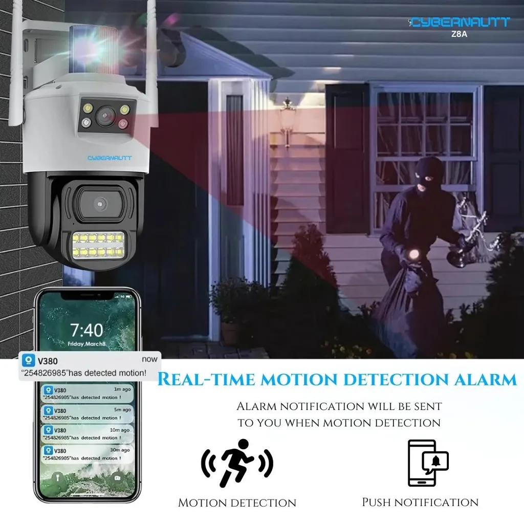 Cybernautt Z8A 8MP Dual-Lens Wi-Fi CCTV Camera- 355 deg Pan-Tilt, 2K+2K Linkage, Colour Night Vision, AI Human Detection, 2-Way Audio, IP66, H.265, up to 128GB