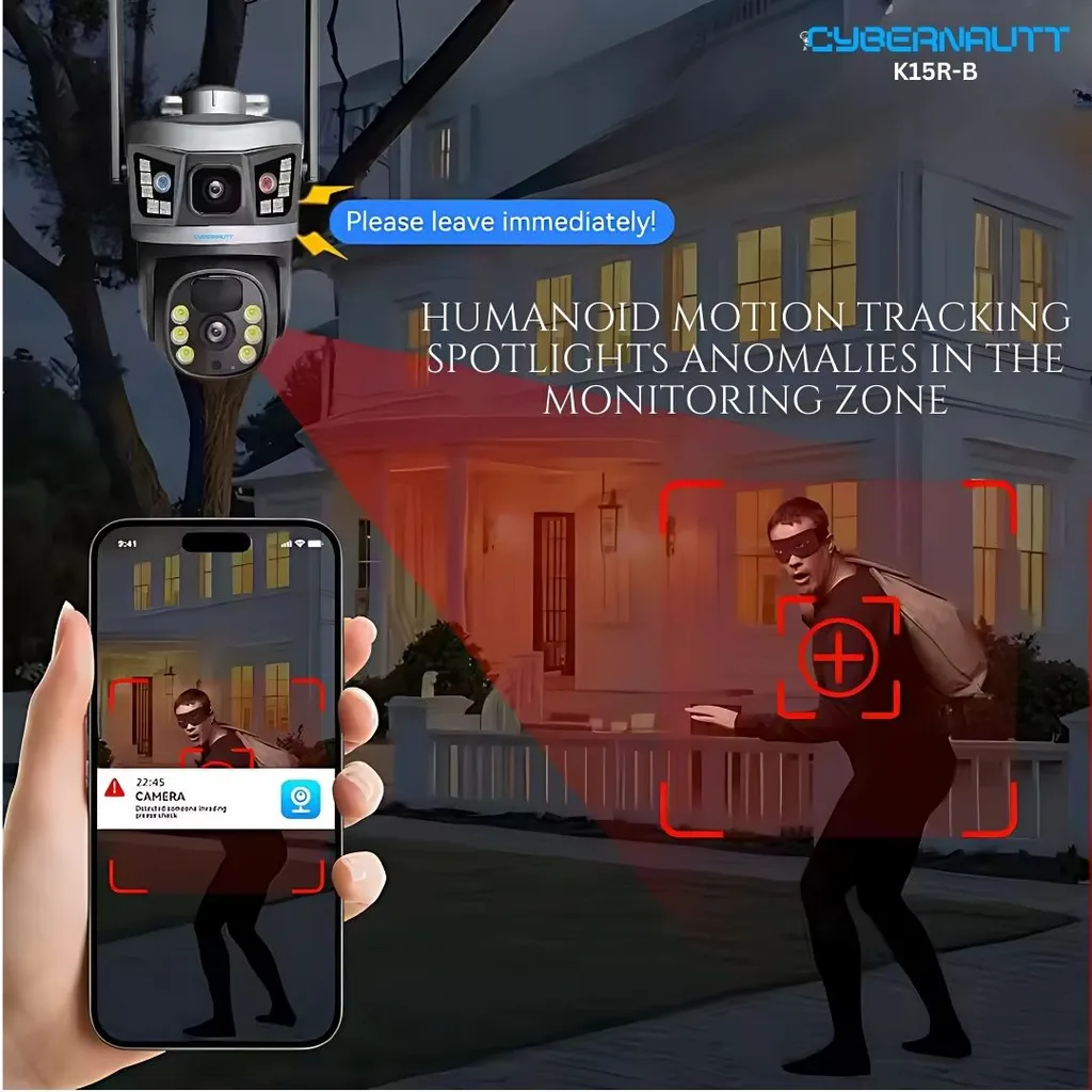 Cybernautt K15R-B 6MP 3K Dual-Lens 4G CCTV Camera- 8000mAh Battery, IP66 Waterproof, 2-Way Audio, Colour Night Vision, Alarm Lights, AI Motion Detect, up to 128GB