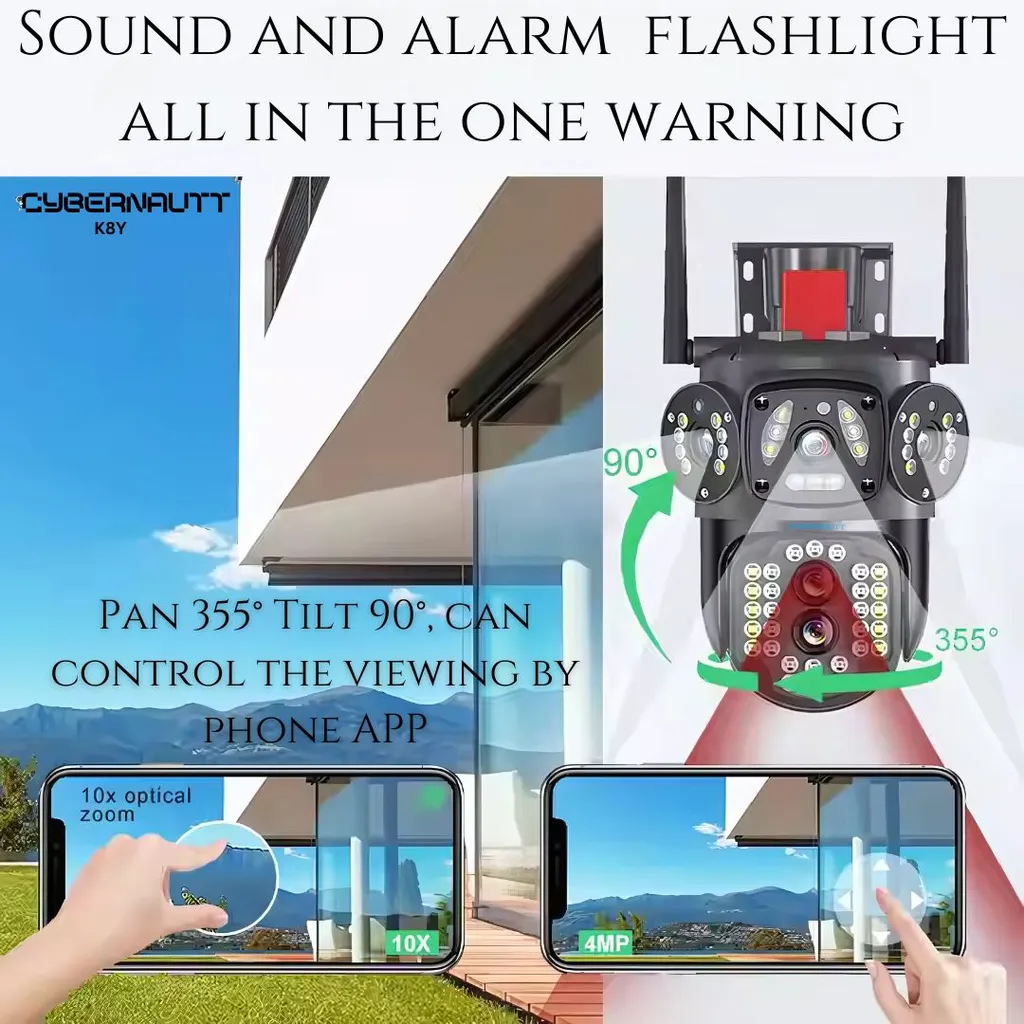 Cybernautt K8Y 4MP+4MP Outdoor 4G Dual-Lens PTZ Camera- 355 deg Pan-Tilt, 10x Optical Zoom, Two-Way Audio, Colour Night Vision, Waterproof, AI Motion Detect, up to 128GB