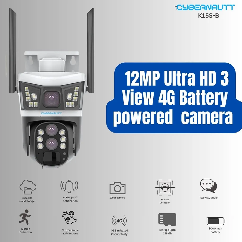 Cybernautt K15S-B 12MP 4G Outdoor CCTV Camera- 10X Zoom, Battery Powered, PIR, Full Colour Night Vision, AI Motion Detect, H.265+, up to 128GB Support