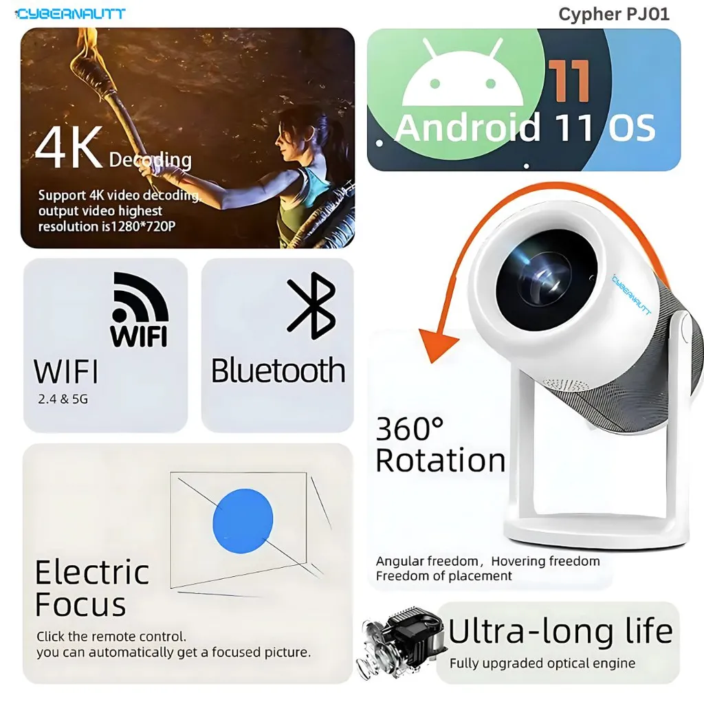 Cybernautt PJ01 4800lm Android 11 Portable Projector with 4K Ultra HD Clarity, Rotatable Stand, Screen Mirroring, Wireless Streaming, Bluetooth + WiFi