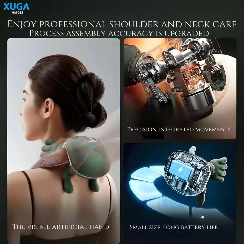 XUGA HM015 Heated Wireless Portable Shiatsu Neck and Back Massager Machine, Electric Deep Tissue 4D Kneading Massage, Simulated Human Hand Design for Pain Relief and Muscle Relax