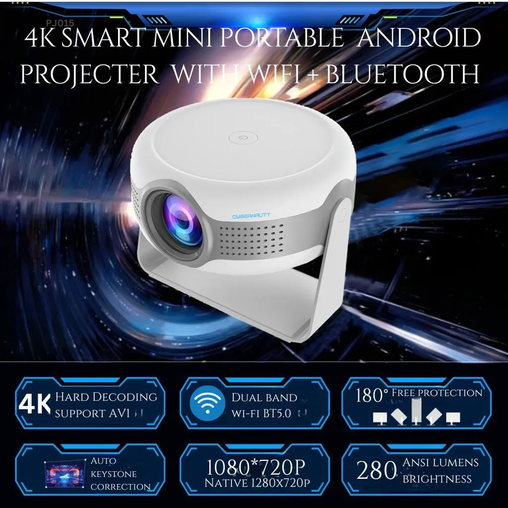 Cybernautt PJ015 Android 12 Projector - 720P Native, 280 ANSI, WiFi 6, 4K Support | Portable Home Theater