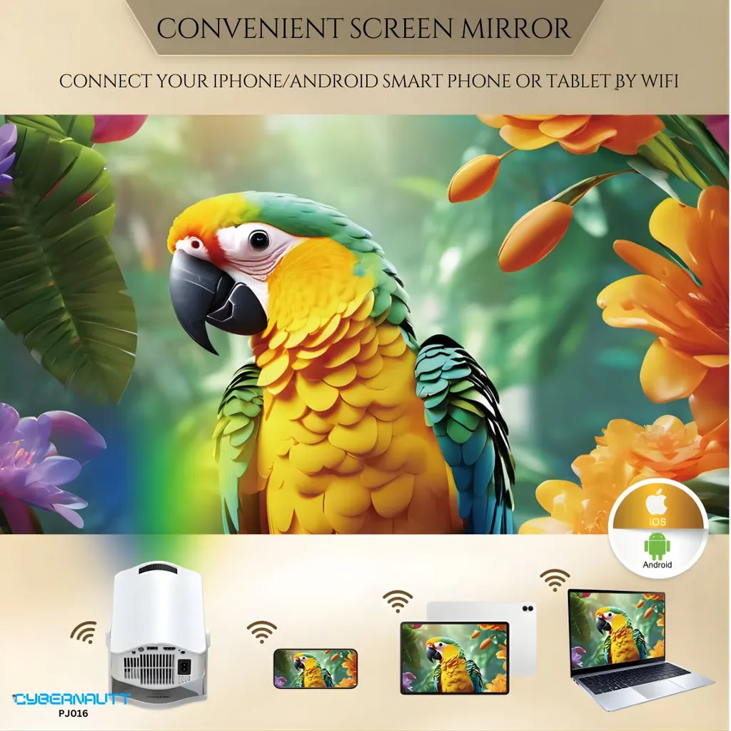 Cybernautt PJ016 Android 12 Smart Projector, 720P Portable Projector (Supports 4K), 280 ANSI Lumens, WiFi 6 Bluetooth 5.0 | 1+8GB | 1000:1 Contrast | Built-in Streaming Apps