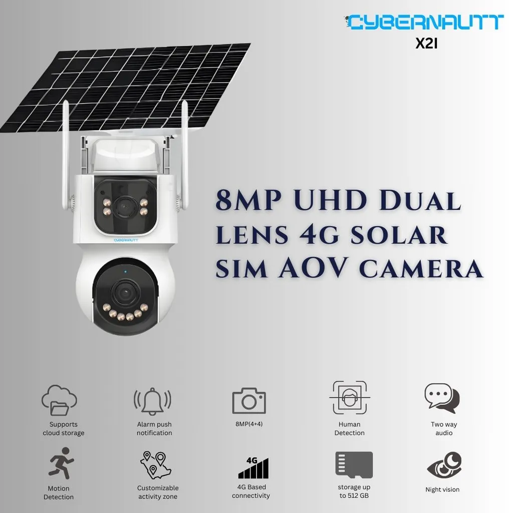 Cybernautt X2I 8MP 4G Solar Security Camera with Dual 4MP Lens, True Wireless LTE Connectivity, 1080P Full HD Video, 350° Pan and 90° Tilt, Solar Powered Battery Operation, Built-In Siren and Two-Way Audio for Remote Locations, Farms,