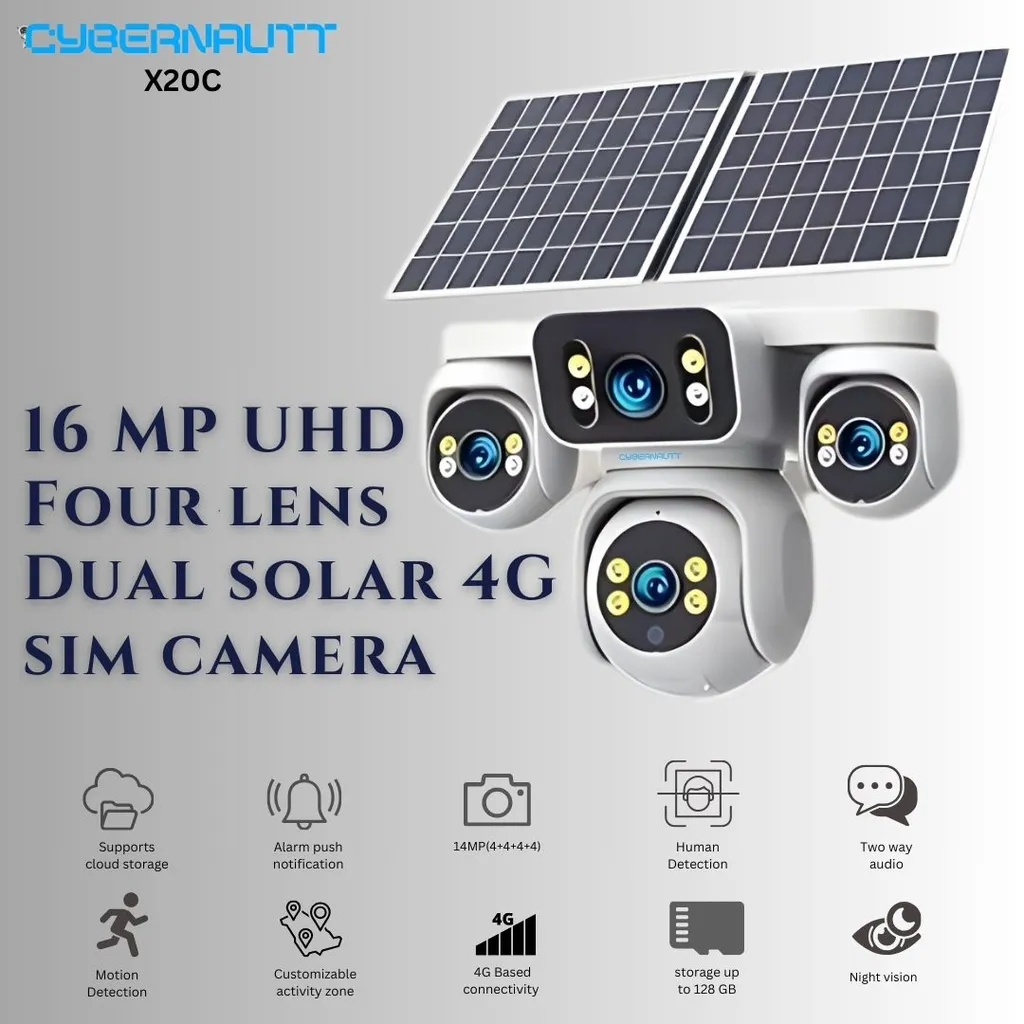Cybernautt X20C 4G LTE Solar Security Camera Outdoor Wireless, 4MP 4-Lens 360° Panoramic, No WiFi Needed, Battery Powered, Pan Tilt, 1080P, 2-Way Audio, Built-in Siren, Vandal-Proof