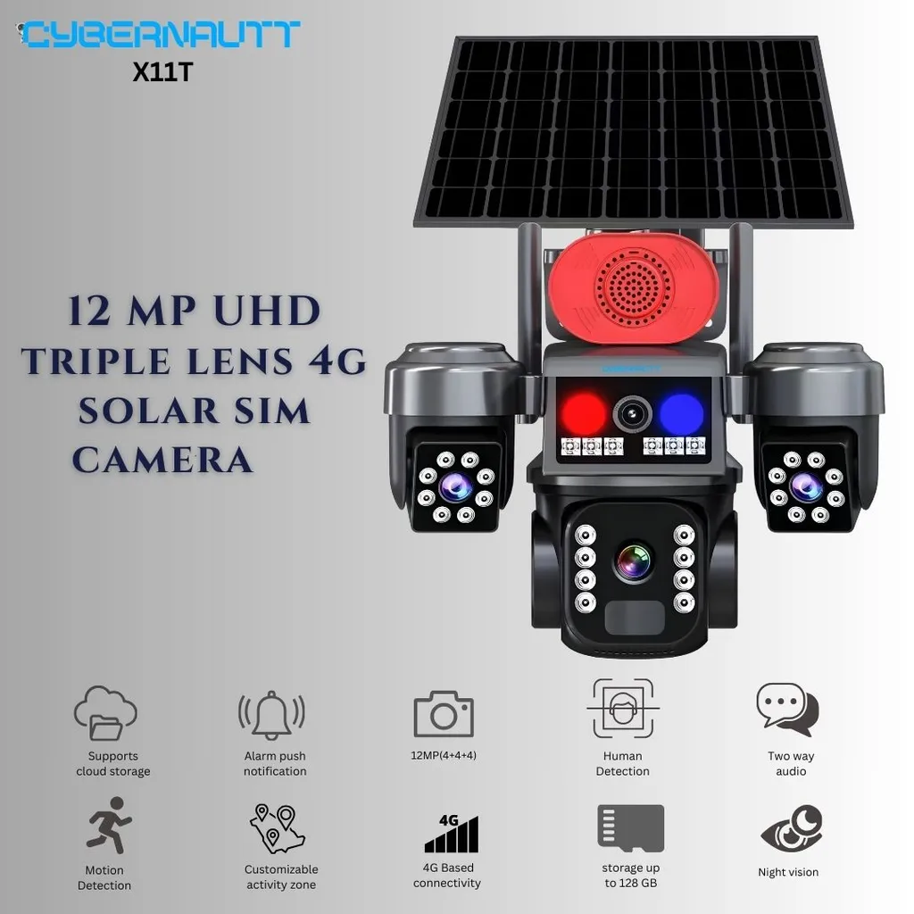 Cybernautt X11T Triple-Lens 4G Solar Security Camera with Three 4MP Lenses, 1080P Full HD Video, 350° Pan and 90° Tilt Coverage, Wire-Free Solar-Powered Operation, Built-In Siren and Two-Way Audio,